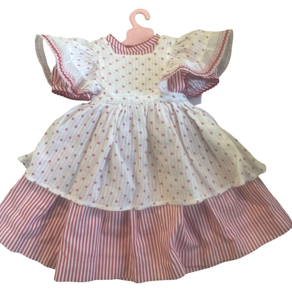 Vintage Doll Dress Pinafore 2 Pc Red stripes dots Gingham Rick Rack 18-20” Doll
